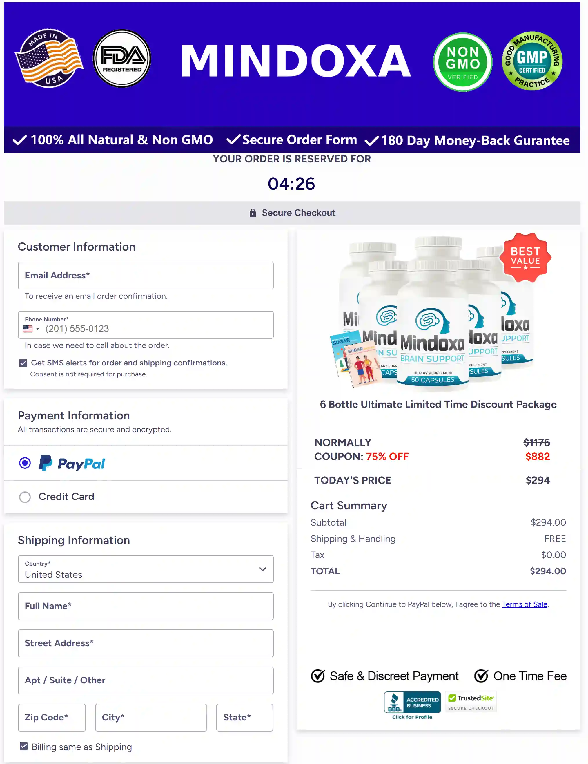 Mindoxa™ checkout page